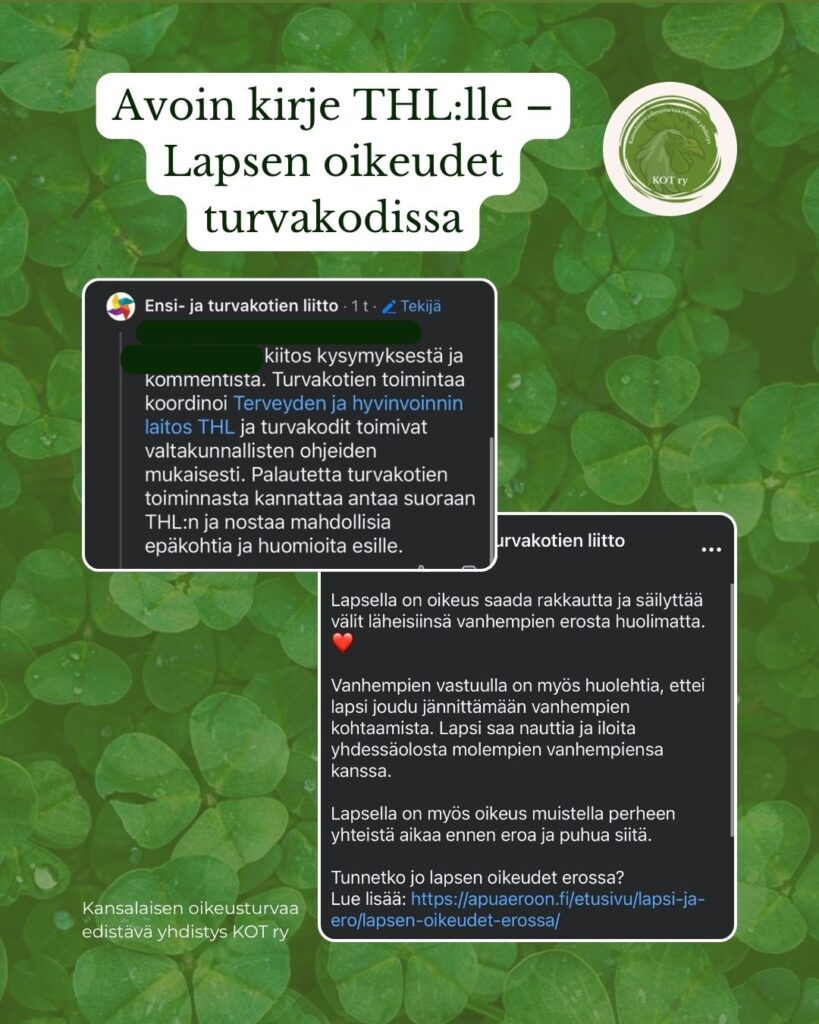 Kuvakaappaus ensi- ja turvakodin somejulkaisusta, KOT ry:n avoin kirje THL:lle lapsen oikeuksista turvakodissa